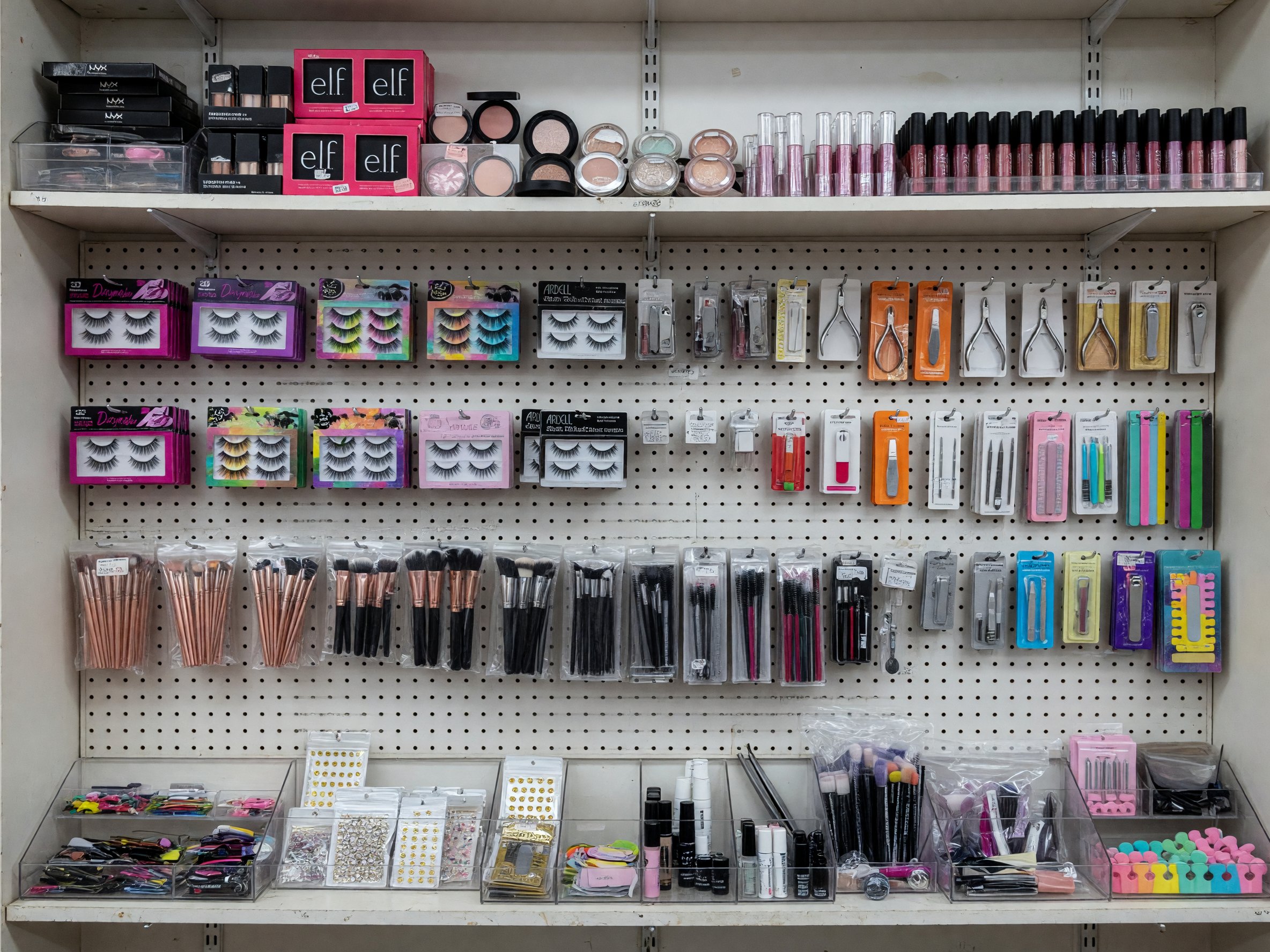 Beauty supplies wall with tools and cosmetics
