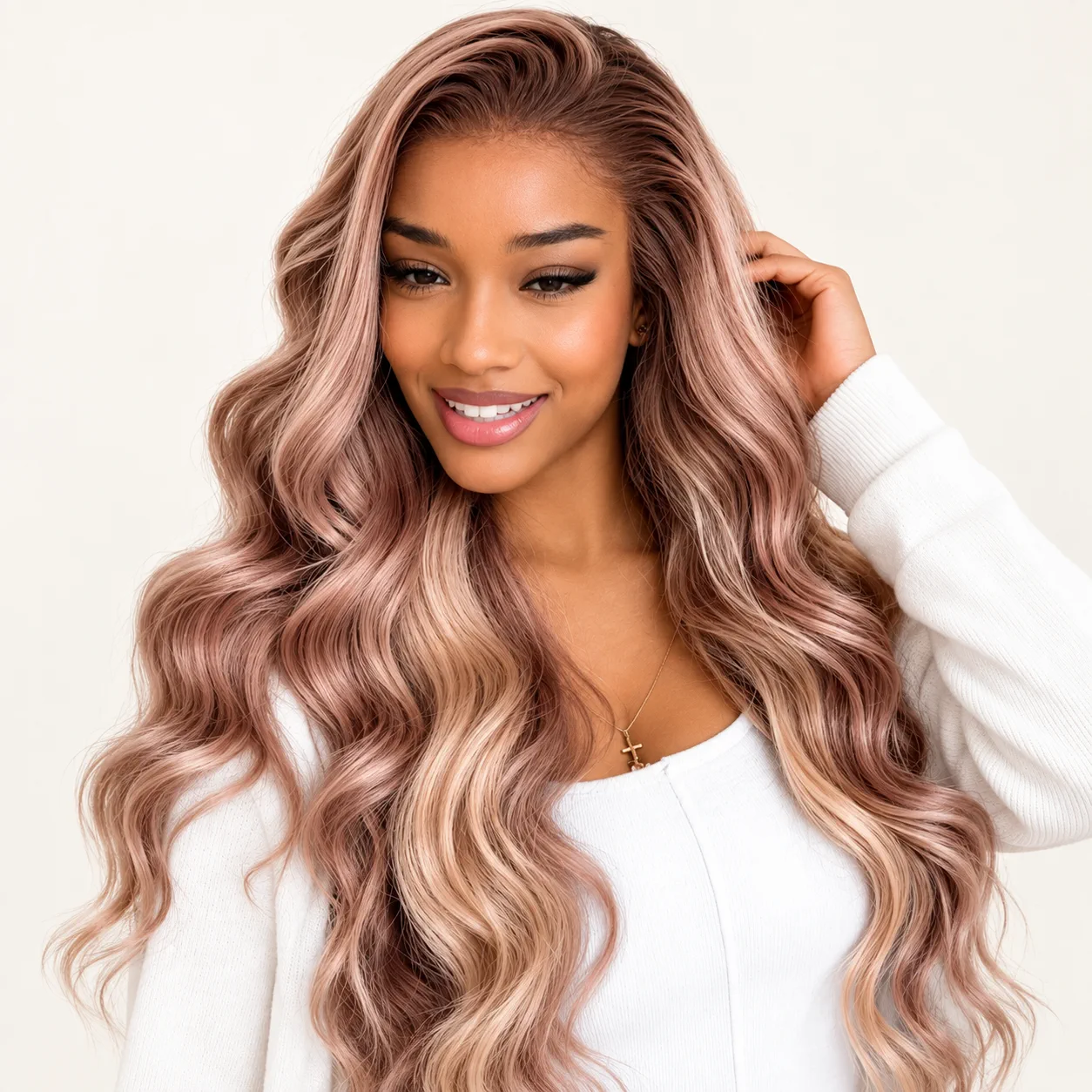 Long wavy wig with rose-gold highlights
